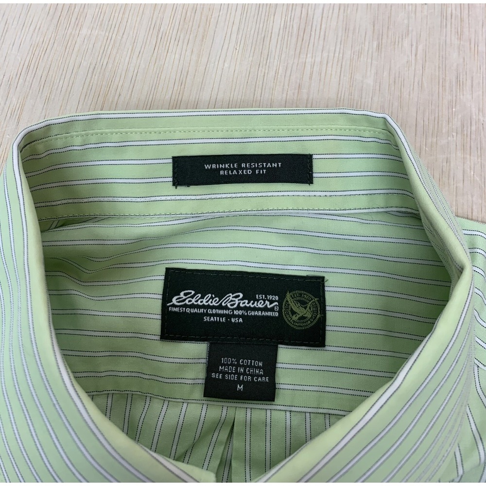 Eddie Bauer Men's Green Striped Short‎ Sleeve Button Down Shirt Size Medium